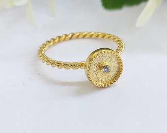 Diamond ring, 18K gold byzantine jewellery, minimal stackable accessory for her
