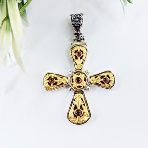 Byzantine Cross: Sterling Silver 925 with Gold and Garnet Inlays