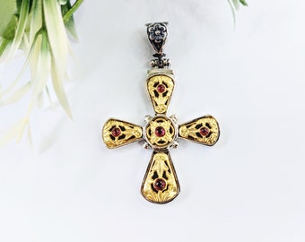 Byzantine cross with garnet decorations in two-tone sterling silver 925