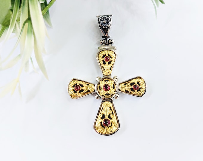 Byzantine cross in sterling silver 925 with gold plated inlays, religious jewelry, silver cross with garnet gemstones