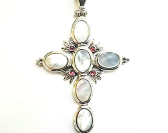 Byzantine Cross in sterling silver with Mother of Pearl and Garnet Gemstones