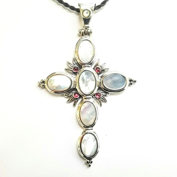 Handmade Sterling Silver Cross Pendant, Mother of Pearl & Garnet Inlays, Byzantine Jewelry