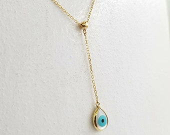 Evil eye lariat necklace in k14 solid gold with mother of pearl, gold charm necklace.
