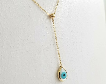 Evil eye lariat necklace in k14 solid gold with mother of pearl, gold charm necklace, evil eye jewelry