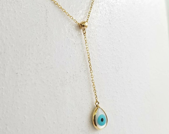 Evil eye lariat necklace in k14 solid gold with mother of pearl, gold charm necklace, evil eye jewelry