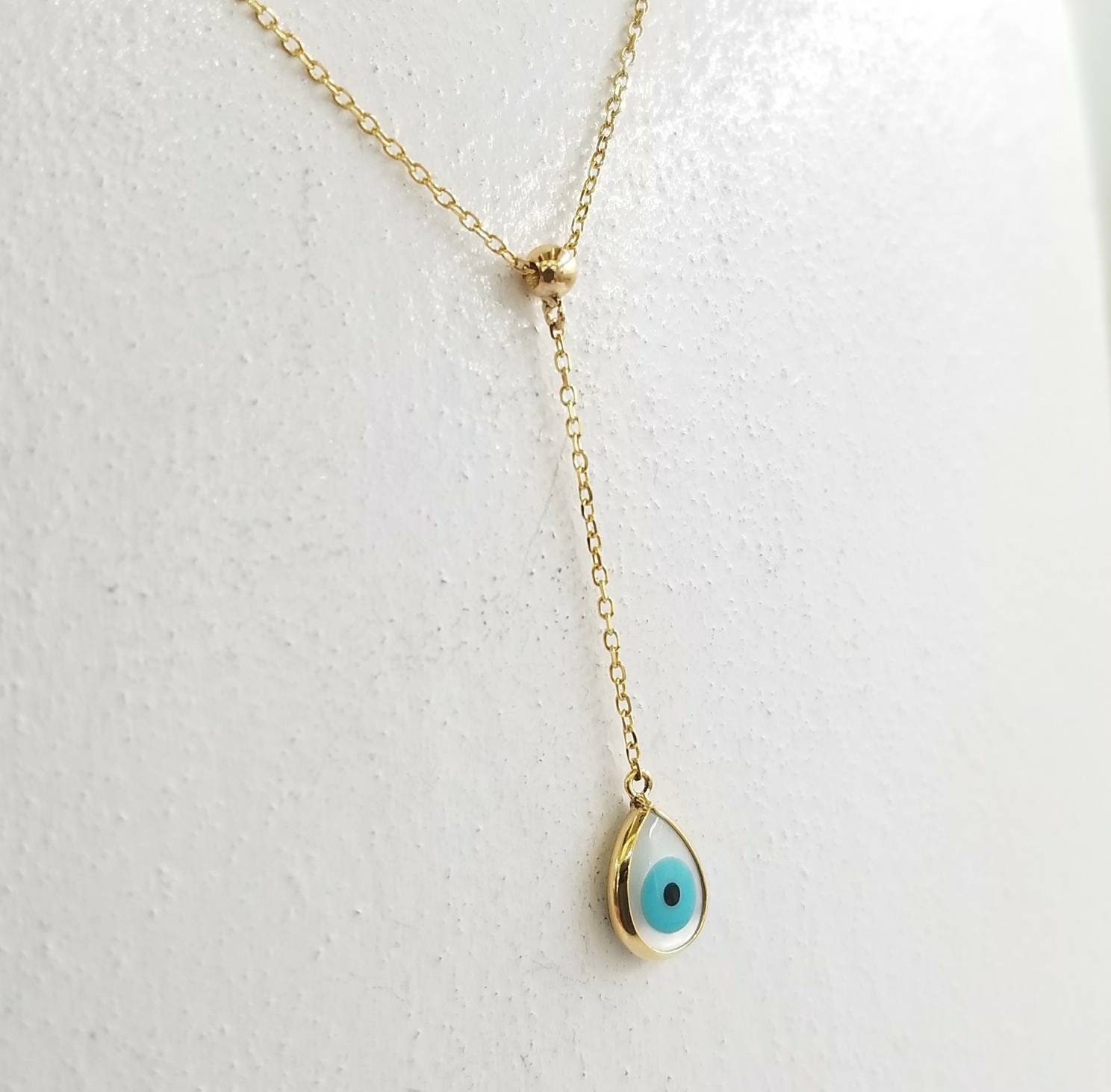 Evil eye lariat necklace in k14 solid gold with mother of | Etsy