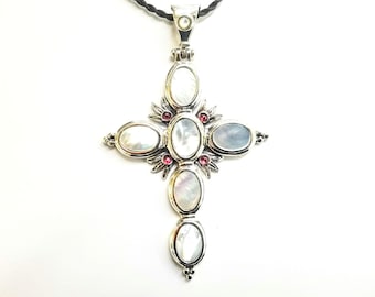 Byzantine cross in sterling silver 925 adorned with mother of pearl inlays and garnet gemstones