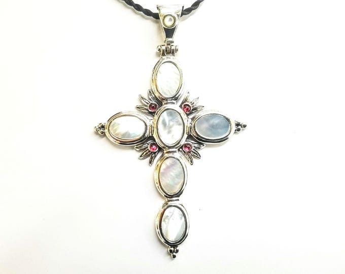 Byzantine cross in sterling silver 925 adorned with mother of pearl inlays and garnet gemstones
