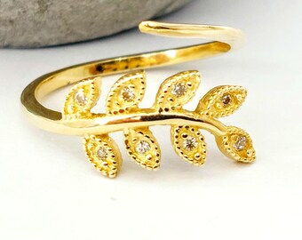 Olive leaves ring, 14K gold, adjustable floral accessory, meaningful jewellery gift for her, peace symbol