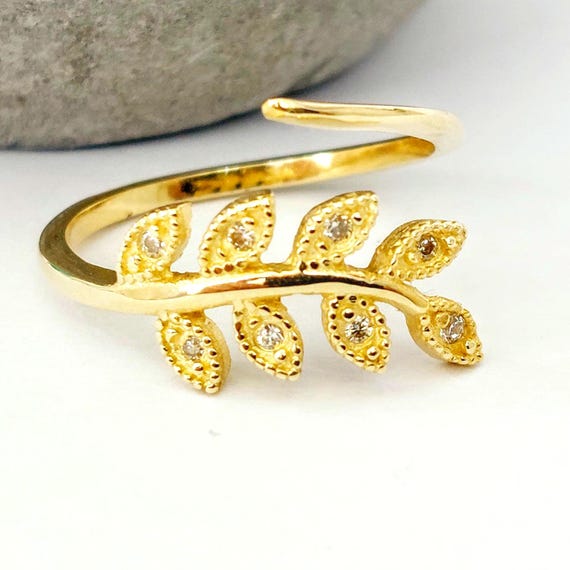 14K Gold Olive Leaves Ring, Adjustable Floral Accessory, Cubic Zirconia Accents