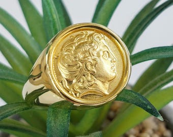 14K gold ring of Alexander the Great coin, signet ring for men with Greek coin replica