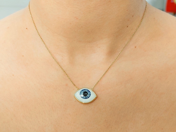 K14 Gold Evil Eye Necklace: Hand-Painted Quartz Amulet