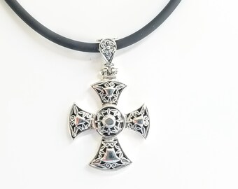 Byzantine cross in sterling silver 925 with intricate perforations, religious jewelry, silver cross