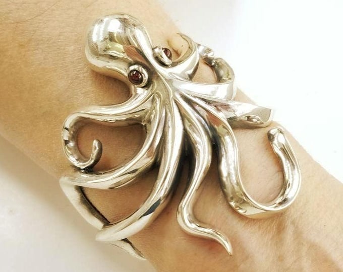 Featured listing image: Octopus cuff bracelet in sterling silver 925, marine-life jewelry, nautical bracelet.