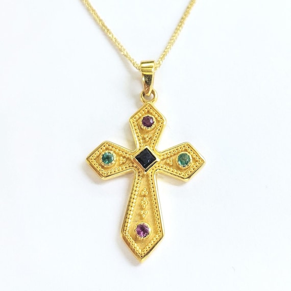 9K gold byzantine cross necklace with precious gemstones, sapphire, ruby, emerald.