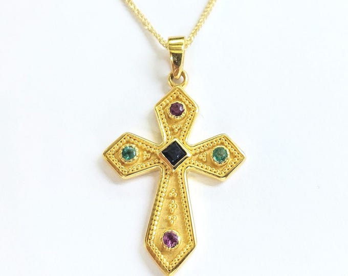 Vintage-Inspired 9K Gold Cross Necklace – Byzantine Design with Precious Gemstones – Unique Christian Gift