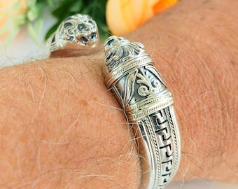 Lion Head Sterling Silver Bracelet with Greek Key Design and  Comfort Fit lining