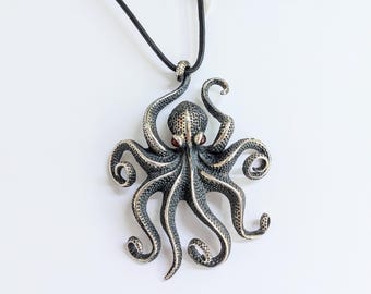 Textured Sterling Silver Octopus Necklace - Marine Life Jewelry