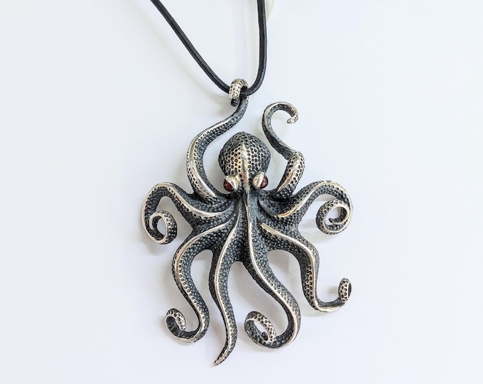 Textured Sterling Silver Octopus Necklace - Marine Life Jewelry