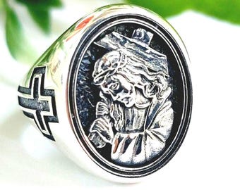 Jesus Christ bearing Cross ring in sterling silver 925, religious signet ring