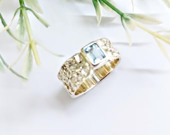 Sterling Silver Aquamarine Statement Ring, Brutal Textured Band, Handmade in Greece