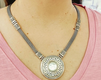 Sterling silver Greek key necklace with mother of pearl on handcrafted silver chain