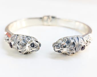 Sterling Silver Lion Bracelet 925 – Byzantine Style cuff with garnet gemstones, animal jewelry,