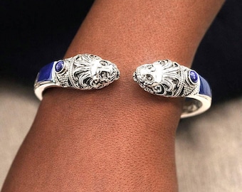 Sterling Silver Lion Head Bracelet – Byzantine Lapis Lazuli Cuff