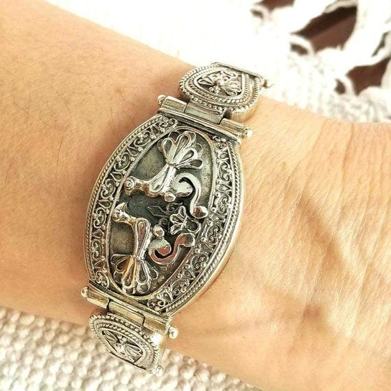 Baroque bracelet with bird theme in sterling silver 925, hand-woven byzantine style chain