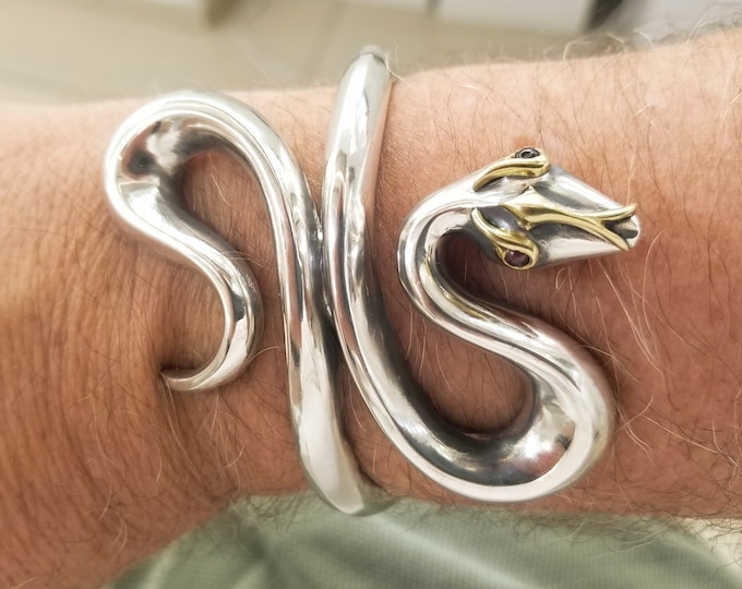 Handcrafted Silver Serpent Cuff Bracelet – Bronze Accents & Garnet Gemstone Eyes – Adjustable Fit