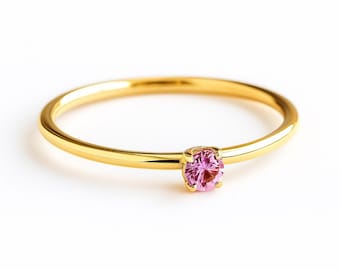 Pink sapphire solitaire ring in 14K gold, stackable gold ring, birthstone jewelry