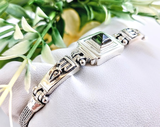 Green tourmaline bracelet in sterling silver 925, vintage style silver bracelet