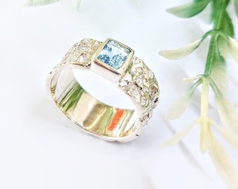 Sterling Silver Aquamarine Ring, Band with Brutal Texture, Handmade Statement Ring for Her
