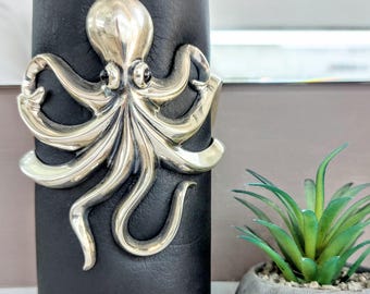 Silver octopus cuff bracelet with garnets, adjustable nautical jewellery gift  for her