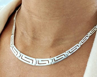 Greek Meander necklace in sterling silver 925, tapered  meander design,  geometric era, Greek pattern