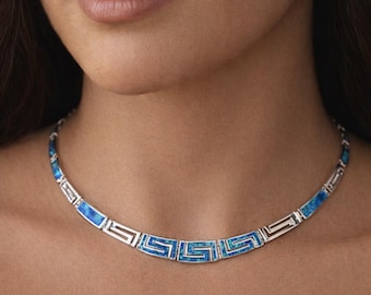 Sterling Silver Greek Key Necklace, Kyocera Opal Meander Design