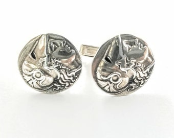 Silver coin cufflinks of Goddess Athena.