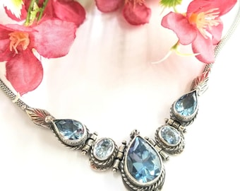 Vintage Style Sterling Silver Blue Topaz Necklace with Handwoven Chain