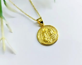 14K gold byzantine coin, Jesus Christ Conquers and Saints Constantine and Helen, religious necklace.