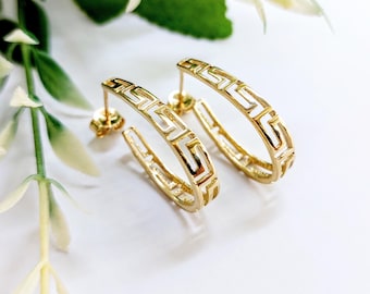 Greek key oval hoop earrings in 14K gold, Greek meander jewellery