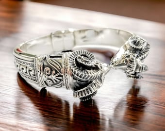 Ram Head Sterling Silver Bracelet, Greek Key Designed shank, Comfort Fit, Handcrafted Elegance