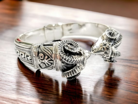 Sterling silver ram head bracelet, Greek key design, comfort fit cuff, unisex animal jewelry