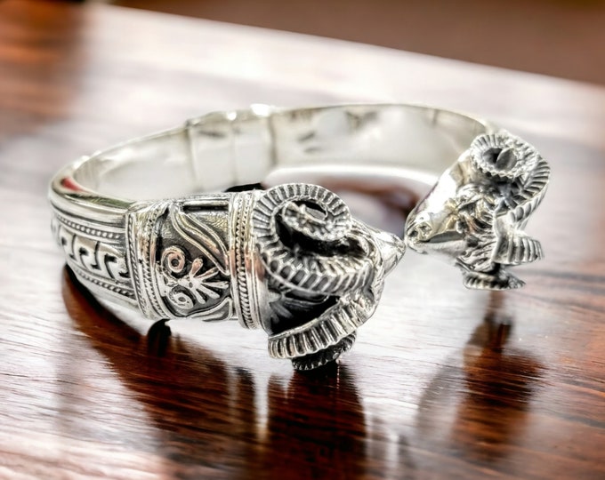 Ram Head Sterling Silver Bracelet, Greek Key Designed shank, Comfort Fit, Handcrafted Elegance