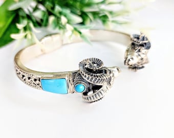 Handmade Sterling Silver Ram Head Bracelet • Turquoise Byzantine Jewelry