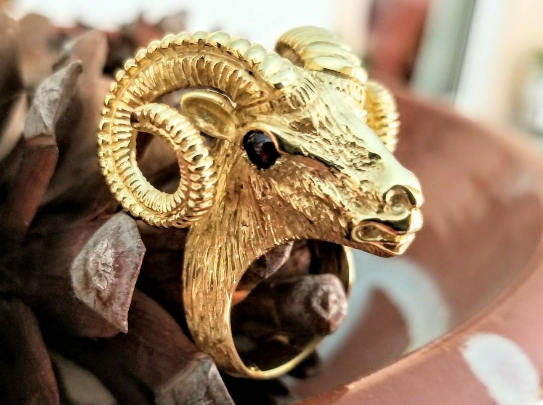 K14 Gold Ram Head Ring, Animal Jewelry, Large Ram Ring With