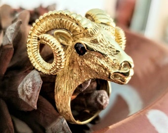 k14 gold Ram Head Ring, animal jewelry, large ram ring with horns, animal ring