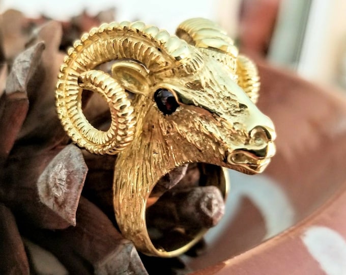 k14 gold Ram Head Ring, animal jewelry, large ram ring with horns, animal ring