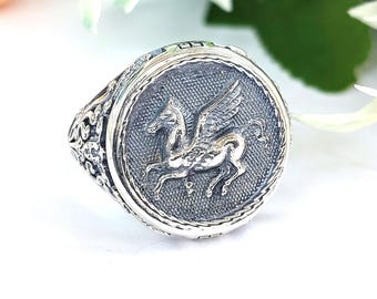 Sterling silver Pegasus ring (925), Greek mythology jewelry, winged horse signet ring for him