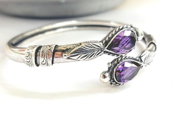Amethyst cuff bracelet in sterling silver 925, vintage style bracelet