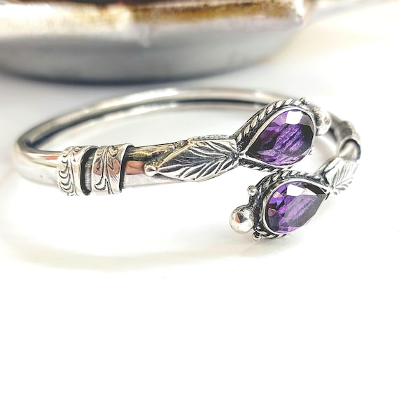 Amethyst bracelet in sterling silver 925, handmade adjustable cuff